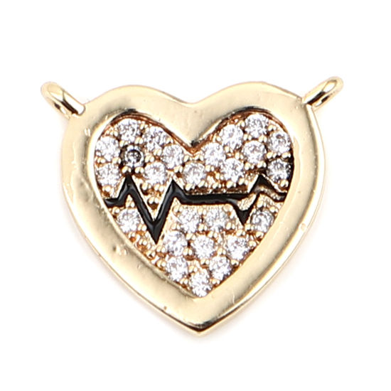 Bild von Messing Valentinstag Verbinder Herz 18K Vergoldet Medizinisches Elektrokardiogramm Micro Pave Transparent Strass 13mm x 11mm, 1 Stück