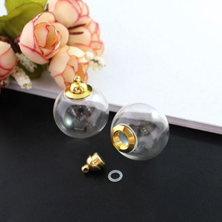 Bild von Zum Abschrauben Zinklegierung Glaskugel Flasche Für Ohrring Ring Halskette Wunschflasche Vergoldet Transparent 16mm D., 1 Set