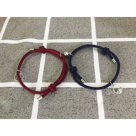Picture of Polyester Braiding Braided Bracelets Accessories Findings Distance Antique Silver Color Red & Dark Blue Mountain Sea Magnetic 27.5cm(10 7/8") long, 1 Set ( 2 PCs/Set)
