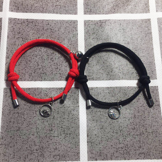 Polyester Braiding Braided Bracelets Accessories Findings Distance Antique Silver Color Black & Red Mountain Sea Magnetic 27.5cm(10 7/8") long, 1 Set ( 2 PCs/Set) の画像