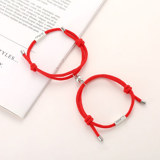 Picture of Polyester Braiding Braided Bracelets Accessories Findings Distance Antique Silver Color Red Rectangle Message " LOVE " Magnetic 28cm(11") long, 1 Set ( 2 PCs/Set)