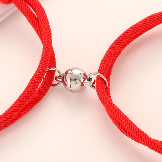 Picture of Polyester Braiding Braided Bracelets Accessories Findings Distance Antique Silver Color Red Rectangle Message " LOVE " Magnetic 28cm(11") long, 1 Set ( 2 PCs/Set)