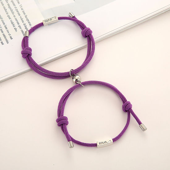 Picture of Polyester Braiding Braided Bracelets Accessories Findings Distance Antique Silver Color Purple Rectangle Message " LOVE " Magnetic 28cm(11") long, 1 Set ( 2 PCs/Set)