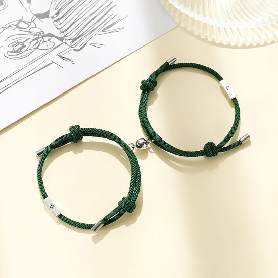 Picture of Polyester Braiding Braided Bracelets Accessories Findings Distance Antique Silver Color Dark Green Half Moon Sun Magnetic 28cm(11") long, 1 Set ( 2 PCs/Set)