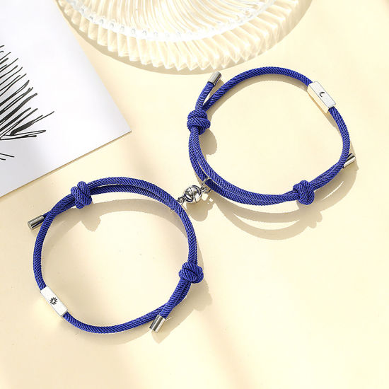 Picture of Polyester Braiding Braided Bracelets Accessories Findings Distance Antique Silver Color Royal Blue Half Moon Sun Magnetic 28cm(11") long, 1 Set ( 2 PCs/Set)