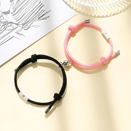 Picture of Polyester Braiding Braided Bracelets Accessories Findings Distance Antique Silver Color Black & Pink Half Moon Sun Magnetic 28cm(11") long, 1 Set ( 2 PCs/Set)