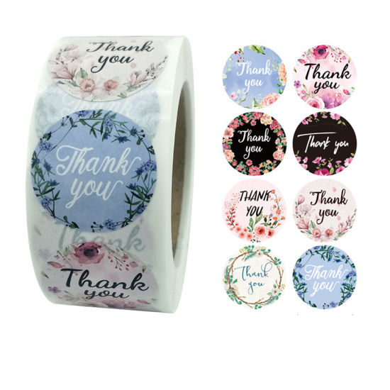 Изображение Multicolor - Thank You 8 Pattern Floral Gift Decoration Art Paper Baking Packaging Label Seal Sticker 2.5cm Dia., 1 Roll(500 PCs/Roll)