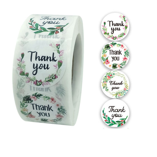 Изображение Multicolor - Thank You 4 Pattern Floral Gift Decoration Art Paper Baking Packaging Label Seal Sticker 2.5cm Dia., 1 Roll(500 PCs/Roll)