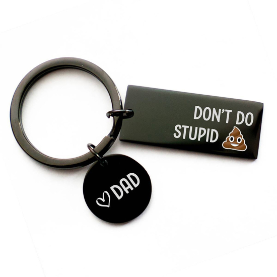 ステンレス鋼 キーチェーンとキーリング 長方形 黒 円形 文字" Dad don't do stupid" 1 個 の画像