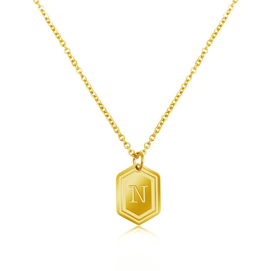 Image de Colliers en Acier Inoxydable Doré Hexagone Alphabet Initial/ Lettre Majuscule Gravé Mot " N " Pouvoir Graver sur Espace Blanc 55cm Long, 1 Pièce