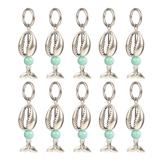 Bild von Zinklegierung Stricken Stitch Markers Fischschwanz Antiksilber Cyan Muschelschale 44mm x 12mm, 10 Stück