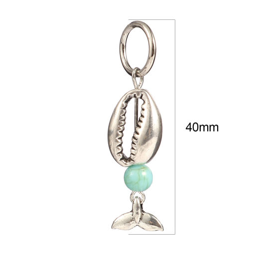 Picture of Zinc Based Alloy Knitting Stitch Markers Fishtail Antique Silver Color Green Blue Shell 44mm x 12mm, 10 PCs