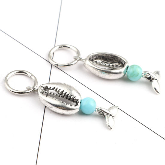 Picture of Zinc Based Alloy Knitting Stitch Markers Fishtail Antique Silver Color Green Blue Shell 44mm x 12mm, 10 PCs