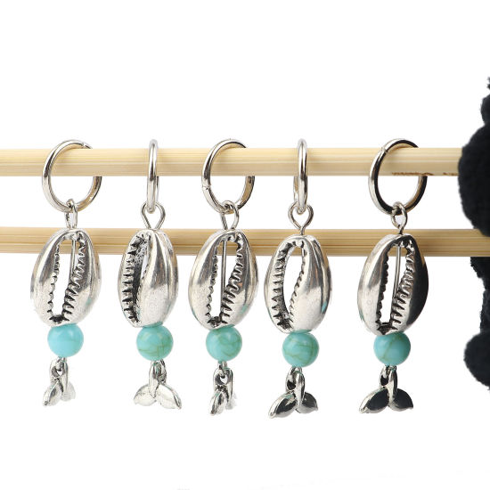 Bild von Zinklegierung Stricken Stitch Markers Fischschwanz Antiksilber Cyan Muschelschale 44mm x 12mm, 10 Stück