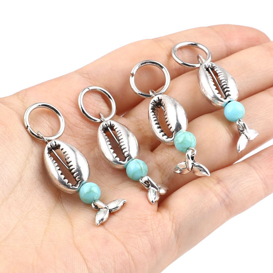 Picture of Zinc Based Alloy Knitting Stitch Markers Fishtail Antique Silver Color Green Blue Shell 44mm x 12mm, 10 PCs