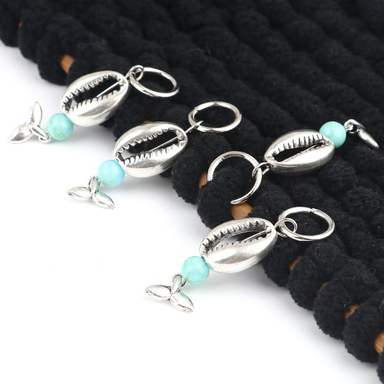 Bild von Zinklegierung Stricken Stitch Markers Fischschwanz Antiksilber Cyan Muschelschale 44mm x 12mm, 10 Stück