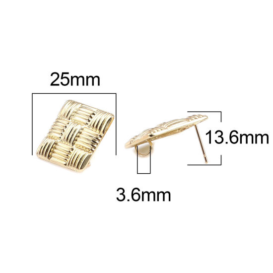 Picture of Zinc Based Alloy Ear Post Stud Earrings Findings Rhombus Gold Plated W/ Loop 25mm x 25mm, Post/ Wire Size: (21 gauge), 2 Pairs