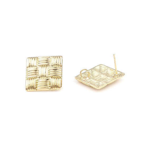 Picture of Zinc Based Alloy Ear Post Stud Earrings Findings Rhombus Gold Plated W/ Loop 25mm x 25mm, Post/ Wire Size: (21 gauge), 2 Pairs
