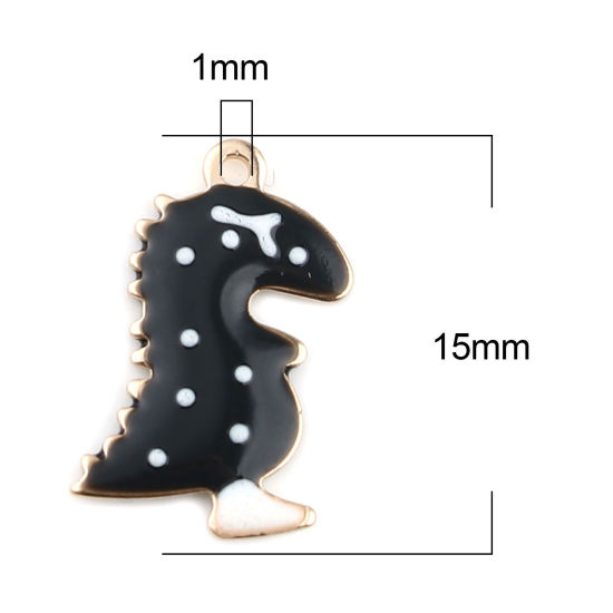 Image de Breloques Sequins Emaillés Double Face en Laiton Dinosaures Doré Noir Double Face 15mm x 9mm, 5 Pcs