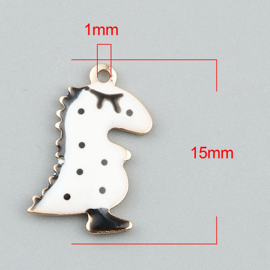 Image de Breloques Sequins Emaillés Double Face en Laiton Dinosaures Doré Blanc Double Face 15mm x 9mm, 5 Pcs