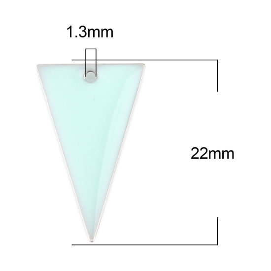 Изображение Латунь Эмалированные Блестки Подвески Серебряный Тон Зеленой Мяты Треугольник Двухсторонний 22мм x 13мм, 10 ШТ