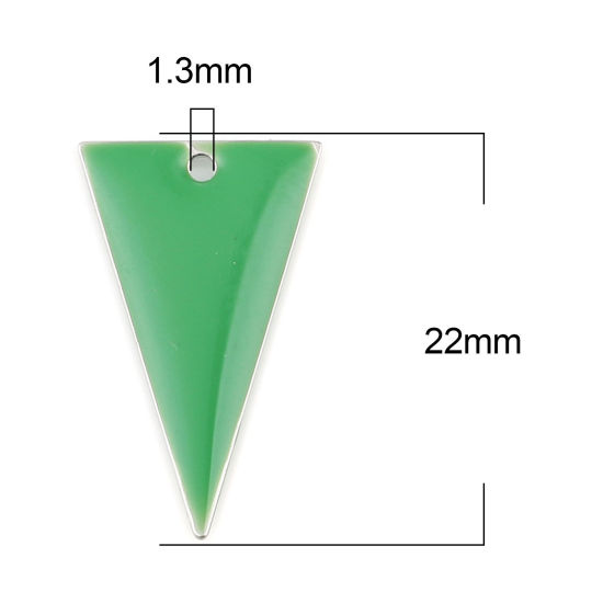 Изображение Латунь Эмалированные Блестки Подвески Серебряный Тон Зеленый Треугольник Двухсторонний 22мм x 13мм, 10 ШТ