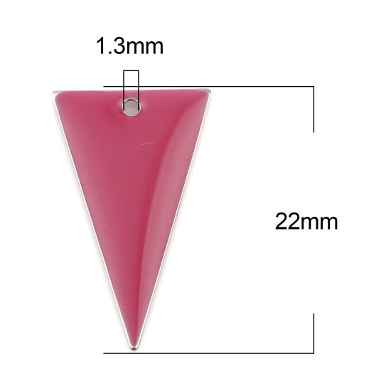Изображение Латунь Эмалированные Блестки Подвески Серебряный Тон Фуксия Треугольник Двухсторонний 22мм x 13мм, 10 ШТ