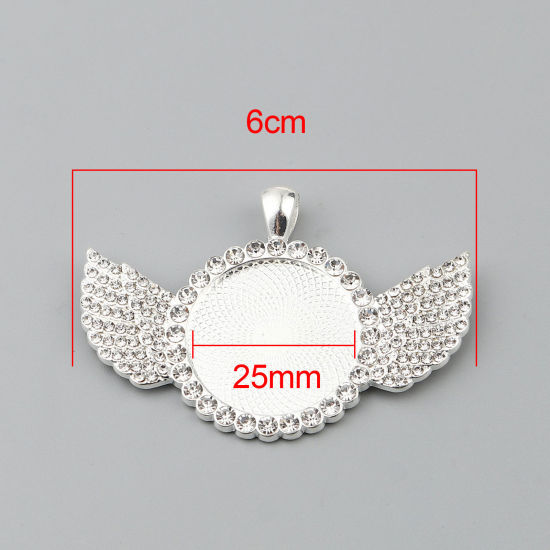 Picture of Zinc Based Alloy Cabochon Settings Pendants Round Silver Plated Wing (Fits 25mm Dia.) Clear Rhinestone 60mm x 40mm, 2 PCs