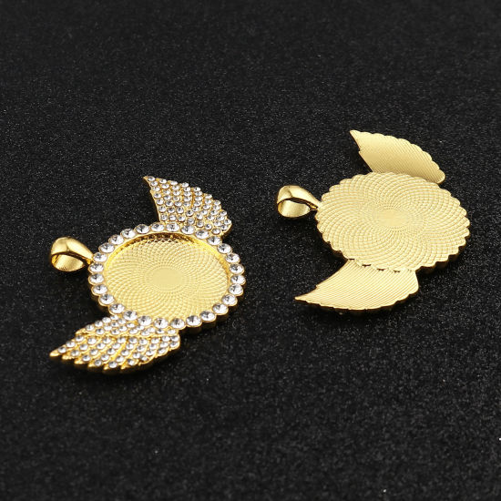 Picture of Zinc Based Alloy Cabochon Settings Pendants Round Gold Plated Wing (Fits 25mm Dia.) Clear Rhinestone 60mm x 40mm, 2 PCs