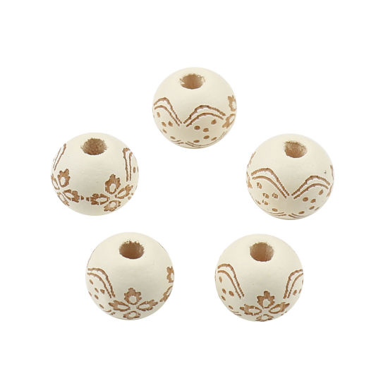 Image de Perles en Bois Naturel Rond Crème Fleurs 10mm Dia, Trou: env. 2.9mm, 20 Pcs