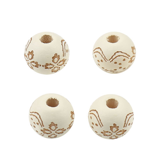 Image de Perles en Bois Naturel Rond Crème Fleurs 10mm Dia, Trou: env. 2.9mm, 20 Pcs