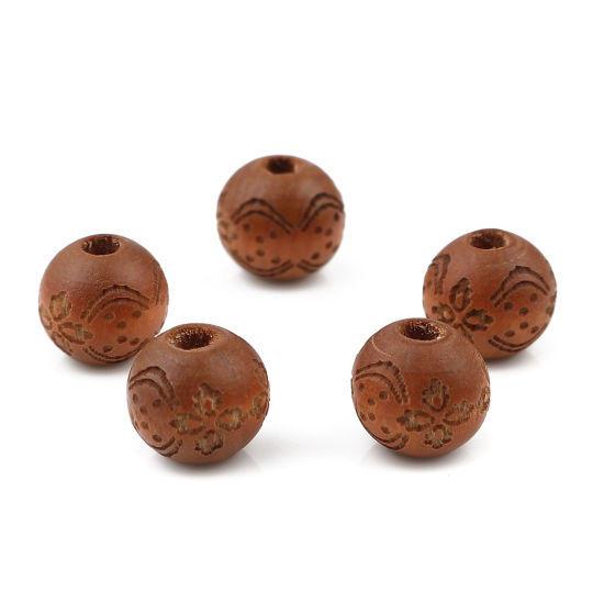 Image de Perles en Bois Naturel Rond Café Fleurs 10mm Dia, Trou: env. 2.9mm, 20 Pcs