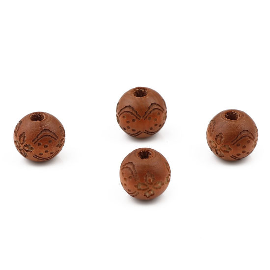 Image de Perles en Bois Naturel Rond Café Fleurs 10mm Dia, Trou: env. 2.9mm, 20 Pcs