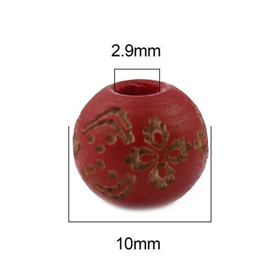 Image de Perles en Bois Naturel Rond Rouge Foncé Fleurs 10mm Dia, Trou: env. 2.9mm, 20 Pcs