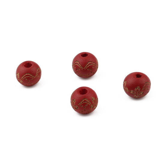 Image de Perles en Bois Naturel Rond Rouge Foncé Fleurs 10mm Dia, Trou: env. 2.9mm, 20 Pcs
