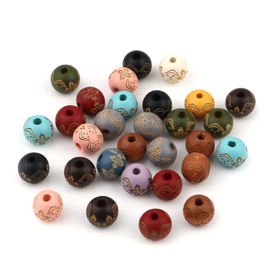 Image de Perles en Bois Naturel Rond Rouge Foncé Fleurs 10mm Dia, Trou: env. 2.9mm, 20 Pcs