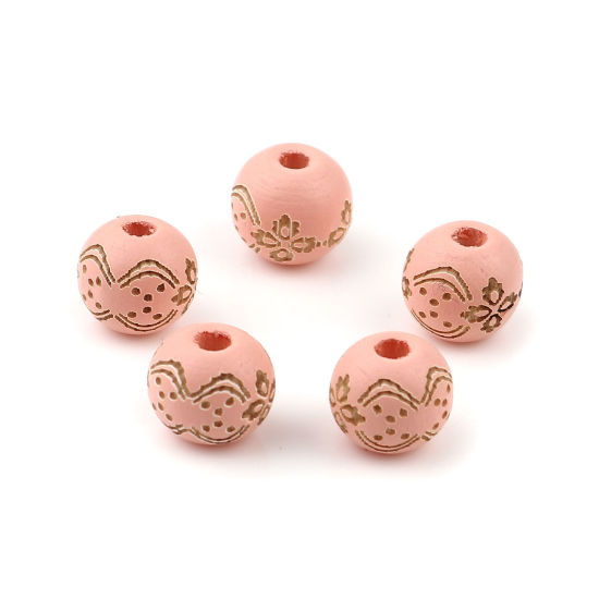 Image de Perles en Bois Naturel Rond Rose Coréen Fleurs 10mm Dia, Trou: env. 2.9mm, 20 Pcs