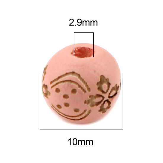 Image de Perles en Bois Naturel Rond Rose Coréen Fleurs 10mm Dia, Trou: env. 2.9mm, 20 Pcs