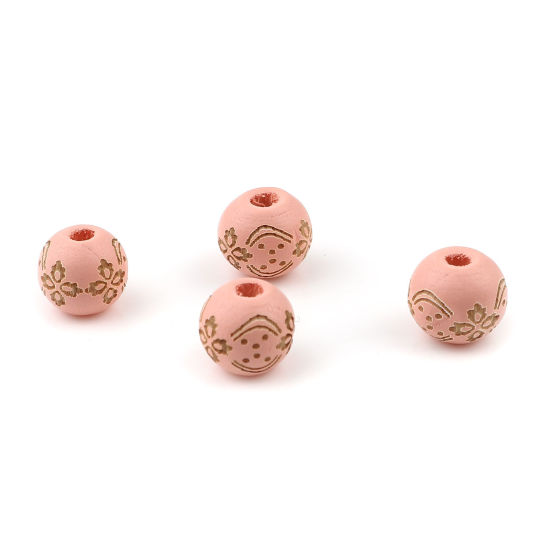 Image de Perles en Bois Naturel Rond Rose Coréen Fleurs 10mm Dia, Trou: env. 2.9mm, 20 Pcs