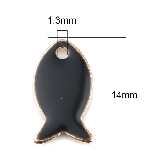 Bild von Messing Emaillierte Pailletten Charms Fisch Vergoldet Schwarz 14mm x 8mm, 10 Stück