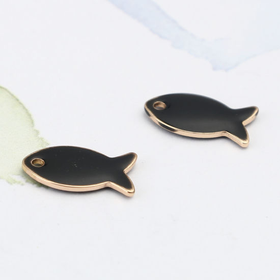 Picture of Brass Enamelled Sequins Charms Gold Plated Black Fish Animal 14mm x 8mm, 10 PCs