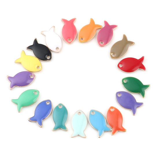 Bild von Messing Emaillierte Pailletten Charms Fisch Vergoldet Schwarz 14mm x 8mm, 10 Stück