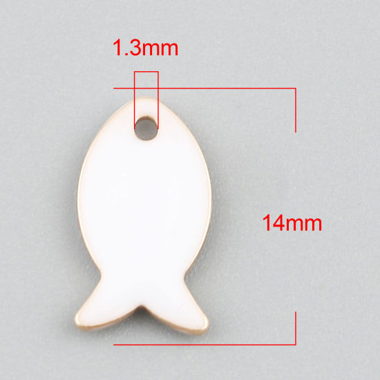 Bild von Messing Emaillierte Pailletten Charms Fisch Vergoldet Weiß 14mm x 8mm, 10 Stück