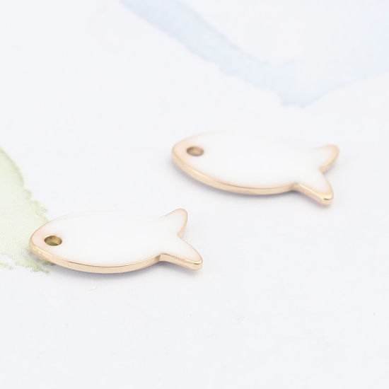 Picture of Brass Enamelled Sequins Charms Gold Plated White Fish Animal 14mm x 8mm, 10 PCs