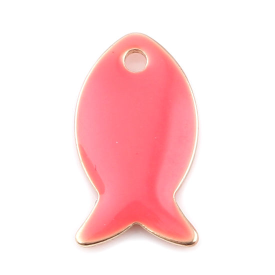 Picture of Brass Enamelled Sequins Charms Gold Plated Peach Pink Fish Animal 14mm x 8mm, 10 PCs