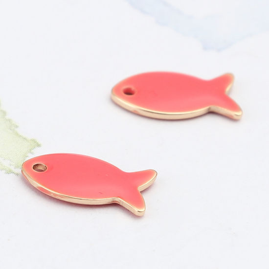 Picture of Brass Enamelled Sequins Charms Gold Plated Peach Pink Fish Animal 14mm x 8mm, 10 PCs