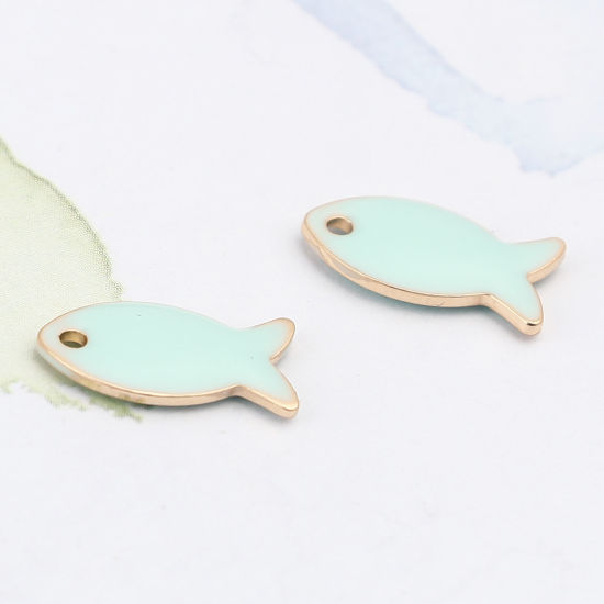 Picture of Brass Enamelled Sequins Charms Gold Plated Mint Green Fish Animal 14mm x 8mm, 10 PCs