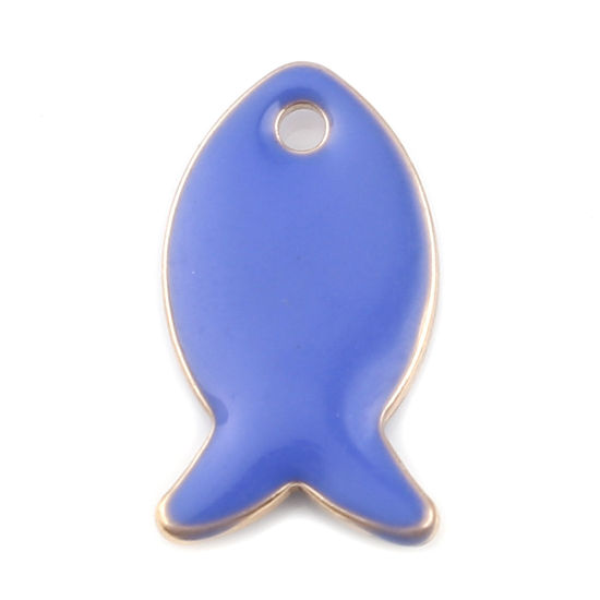 Bild von Messing Emaillierte Pailletten Charms Fisch Vergoldet Saphirblau 14mm x 8mm, 10 Stück