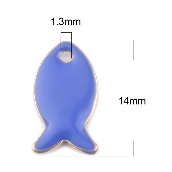 Bild von Messing Emaillierte Pailletten Charms Fisch Vergoldet Saphirblau 14mm x 8mm, 10 Stück