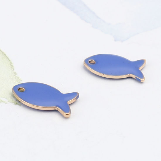 Bild von Messing Emaillierte Pailletten Charms Fisch Vergoldet Saphirblau 14mm x 8mm, 10 Stück